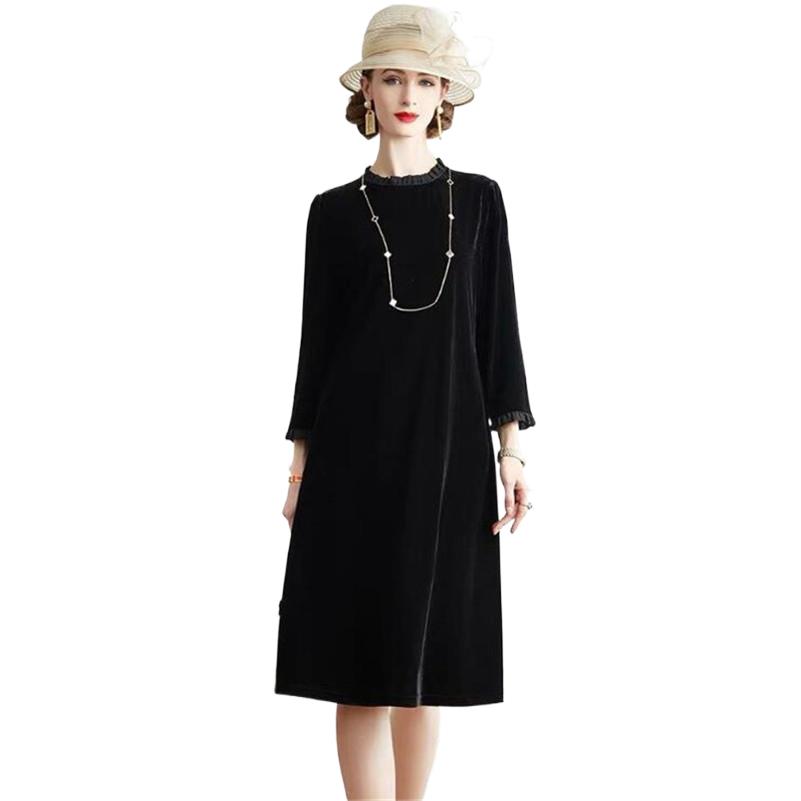 Midi Dress - Gaun Beludru A-Line Wanita Musim Semi