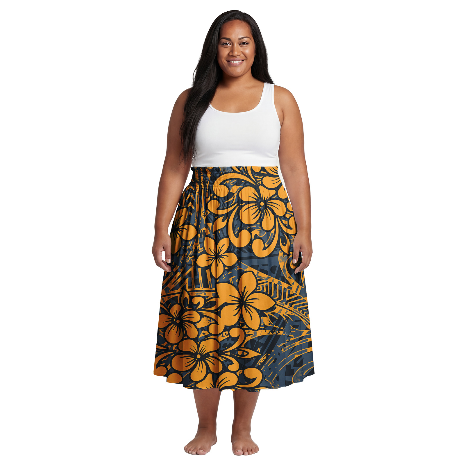 Midi Dress - Gaun Midi Polosan Polinesia dengan Cetakan