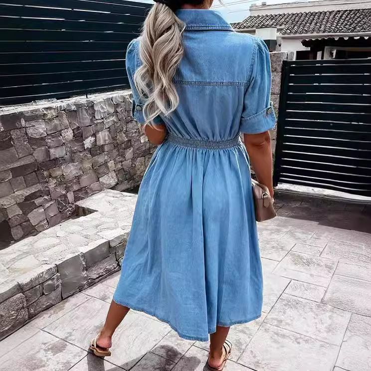 Gaun Kemeja Denim Wanita Warna - Midi Dress ulasan dan harga