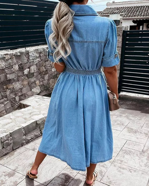 Gaun Kemeja Denim Wanita Warna - Midi Dress ulasan dan harga